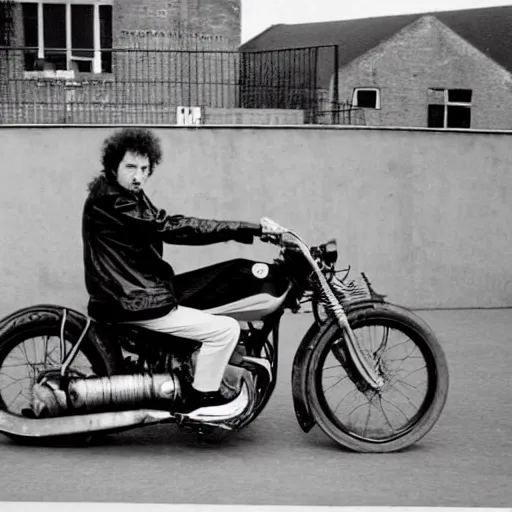 Prompt: bob dylan riding a motorcycle and playing his guitar in the fulham football club stadium, photograph