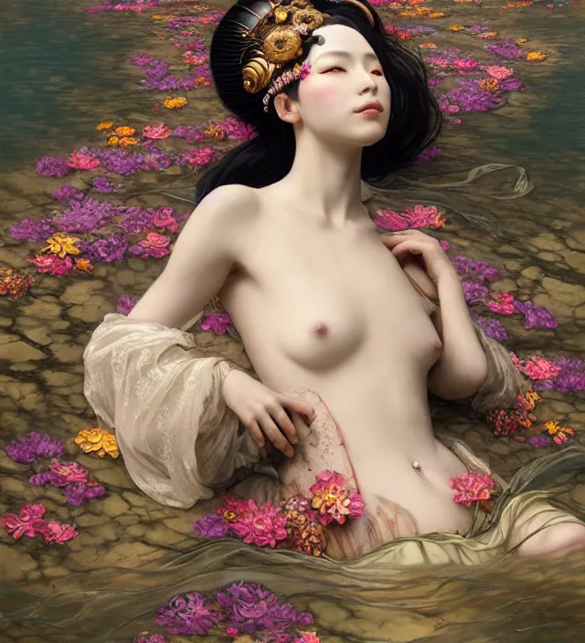 Image similar to baroque portrait of one steampunk bohemian geisha woman of porceline skin lying down in a river made of thousand of flowers, cinematic lighting, photorealistic, octane render, 8 k, depth of field, art by artgerm and greg rutkowski and alphonse mucha and uang guangjian