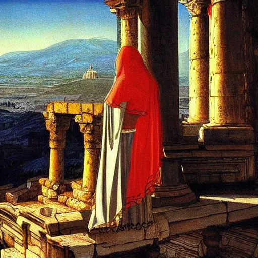 Image similar to pretty robot android Persian woman looking out of her Persian balcony towards greek ruins of temples at sunset. Painting by Gustav Dore. Colored painting.