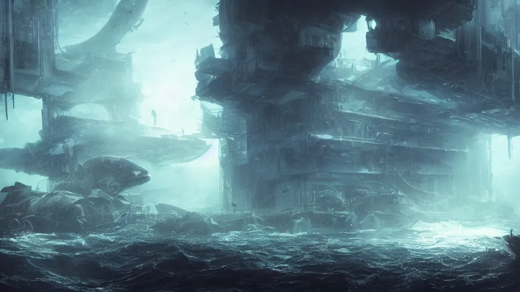 Prompt: dramatic Photorealistic,hyper detailed Matte Painting of an under water scene with a deep sea submersible with bright head lights exploring post apocalyptic underwater ruin city street,dark Tall empty buildings,gigantic blue whale swims above by Greg Rutkowski,Craig Mullins,Hyperrealism,Beautiful dark dramatic moody lighting,underwater caustics,Cinematographic Atmosphere,Volumetric light rays,VRay Rendering,8K