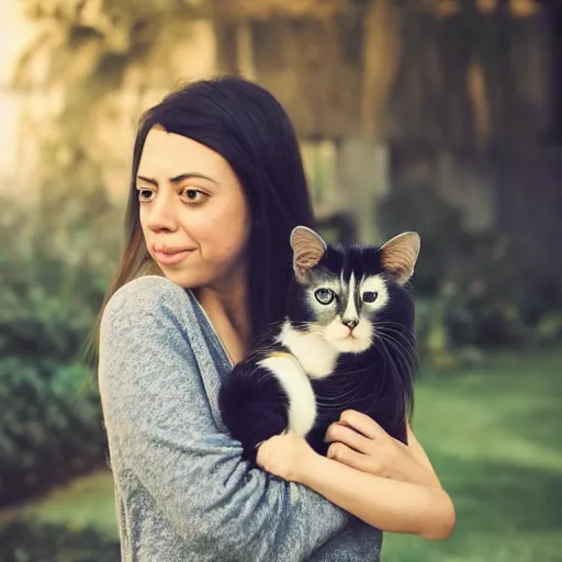 Prompt: a girl that slightly looks like aubrey plaza, with long dark hair holding a cat in her arms, a stock photo by juan villafuerte, pexels contest winner, high quality photo, rtx, hd, shiny eyes, rasquache