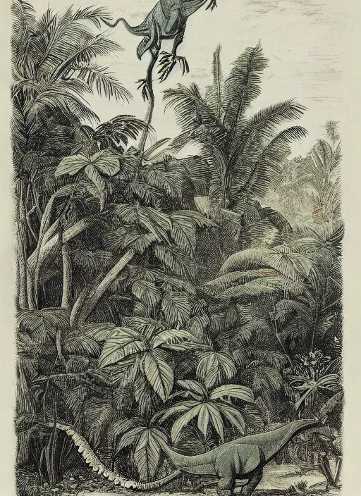 Prompt: a vintage dinosaur in a tropical forest, john james audubon, intaglio 8 k resolution