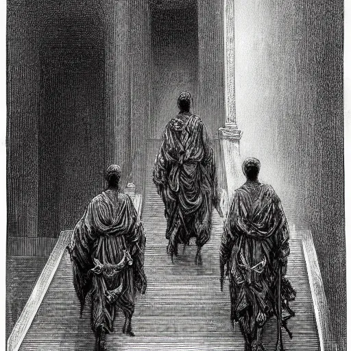 Prompt: a fantasy painting of three demons walking up stairs by Gustave Dore