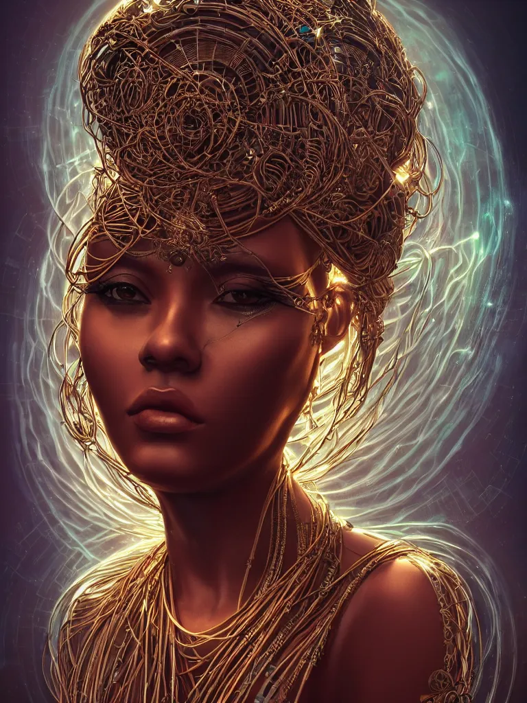 Image similar to a centered render of an alluring mystical tribal goddess adorned with cables and synthesizer parts is surrounded by sacred geometry, full body, gorgeous face, perfect face, powerful, cinematic, beautifully lit, by artgerm, by karol bak, 3 d, trending on artstation, octane render, 8 k