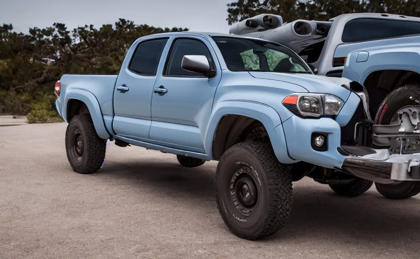 Prompt: wideshot of a UB-32 rocket pod mounted on a Toyota Tacoma, highly detailed, 4k photo, shot with sony alpha
