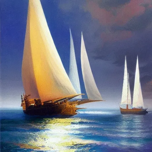 Image similar to A pirate on the high seas that has magical pearlescent shimmering see through sails, painting by John Harris, rainbow colored sails