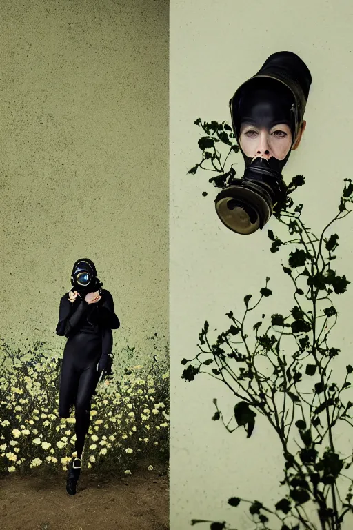 Image similar to a surreal portrait of a woman wearing gas mask diving into the ground of black flowers in the style of brooke didonato, editorial fashion photography from vogue magazine, full shot, nikon d 8 1 0, ƒ / 2. 5, focal length : 8 5. 0 mm, exposure time : 1 / 8 0 0, iso : 2 0 0