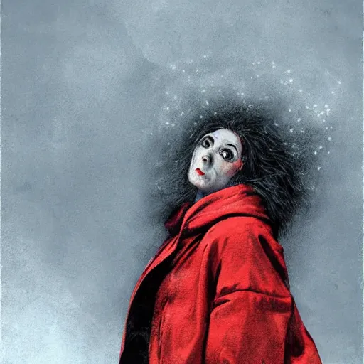 Image similar to horror movie poster art, a red headed woman in a parka in a snowstorm by Francisco Goya, dirk dziminrsky and Marco Mazzoni