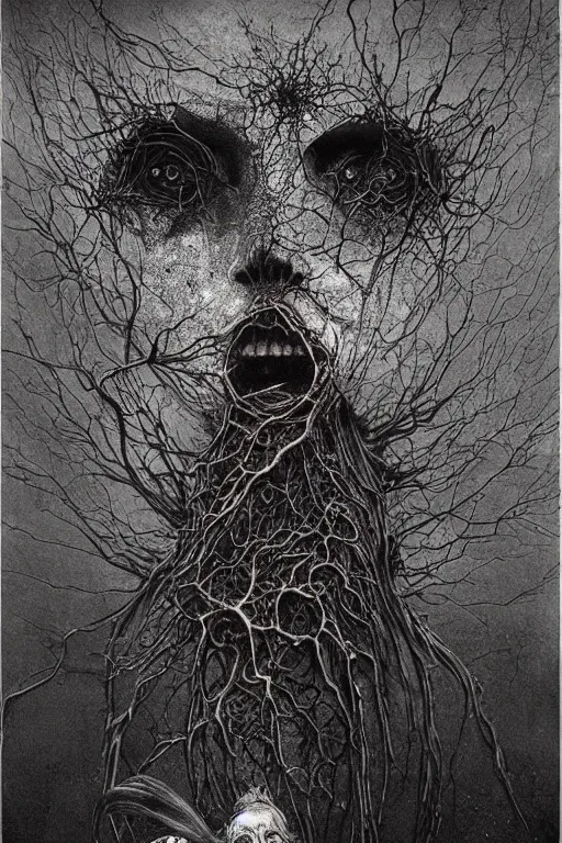 Image similar to portrait of an old witch, black and white, beksinski, made of rust, spiders and nerves, high detail, memento mori, houdini rendering, trending artstation, photorealistic, cosmic energy kelly mckernan, yoshitaka amano, hiroshi yoshida, moebius, artgerm, dark art and bizarre surreal pictures