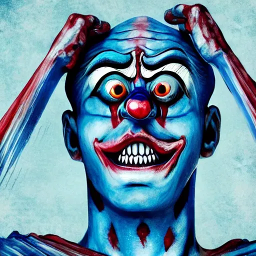 Image similar to 4K headshot of godlike clown with blue skin with defined arms and open hands and bloody clothes with giant mandala wings , white intricate scary clown makeup , flawless anime cel animation by Kentaro Miura, psychedelic , highly detailed upper body , professionally post-processed , beautiful, scary, symmetry accurate features, epic, octane rendered, anime masterpiece, accurate