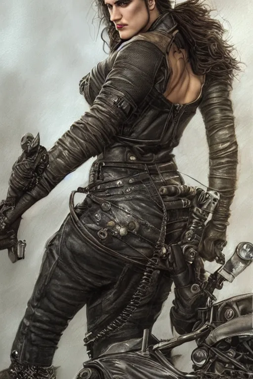 Prompt: muscled Katie Mcgrath as a ruggedly handsome heroine , dressed in biker leather , mad max , intricate, elegant, highly detailed, centered, digital painting, artstation, concept art, smooth, sharp focus, illustration, art by artgerm and donato giancola and Joseph Christian Leyendecker, Ross Tran, WLOP