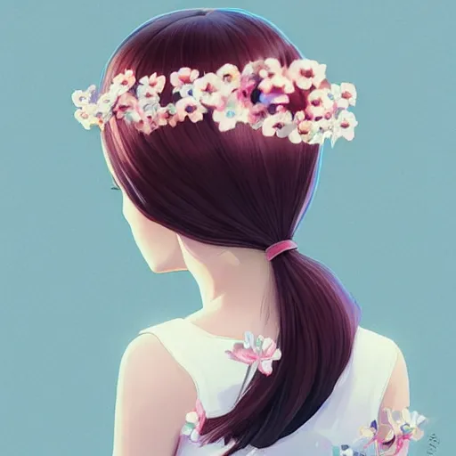 Prompt: little girl with flowers in hair wearing an white dress, art by ilya kuvshinov,