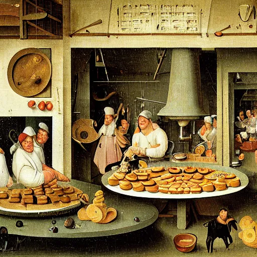 Image similar to inside a waffle making factory by hieronymus bosch, happy chef, highly detailed, colorful