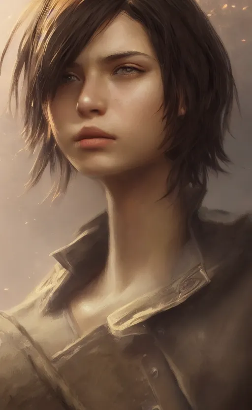 Image similar to upper body portrait of a girl from final fantasy live action, with short black hair and green eyes in a tan trenchcoat, award winning, masterpiece digital painting by greg rutkowski, alex grey, artstation, 4 k wallpaper,