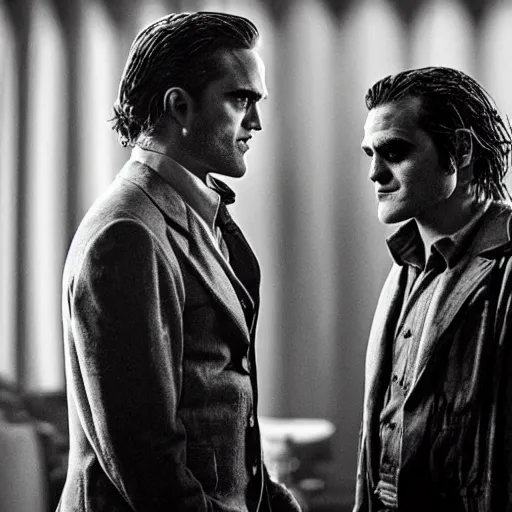 Prompt: Robert Pattinson and Joaquin Phoenix as the joker meet, black and white shot, highly detailed, low lighting