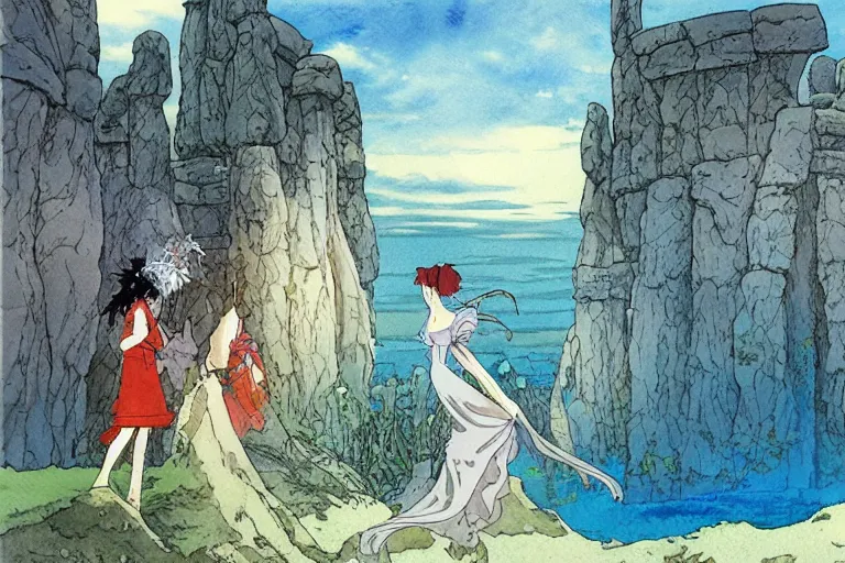 Prompt: a hyperrealist studio ghibli watercolor fantasy concept art. in the foreground is a lost princess in a red dress. in the background is stonehenge. the scene is underwater on the sea floor. by rebecca guay, michael kaluta, charles vess