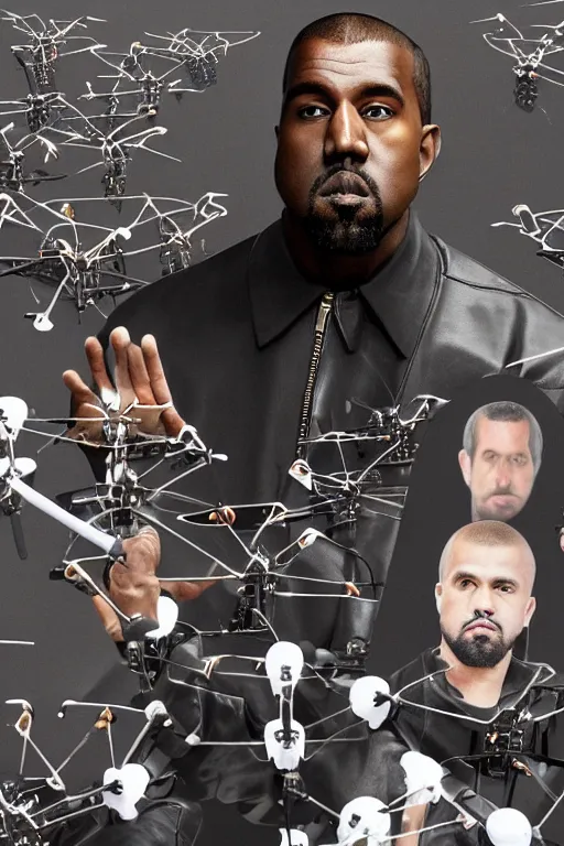 Prompt: kanye west in dream fantasy world surrounded by 8 drones