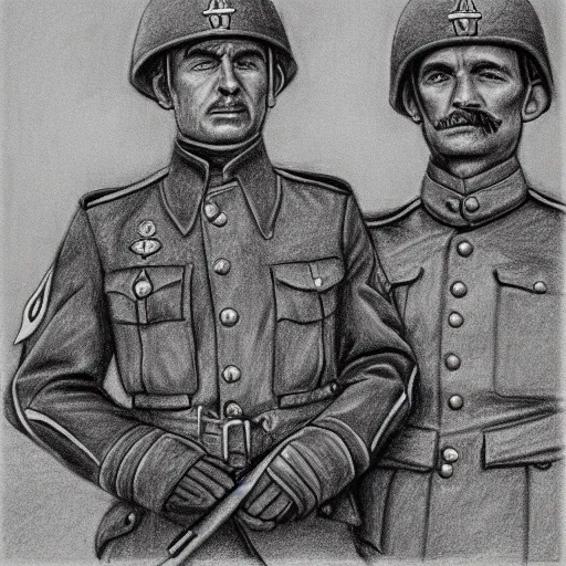 Image similar to a very detailed pencil drawing of a german soldier and a soviet soldier 4 k, high resolution, still, landscape, hd, dslr, hyper realistic, sketch