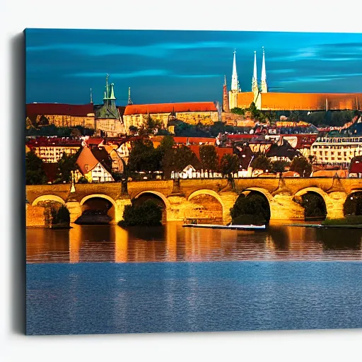 Image similar to a falcon 9 rocket launching from a river platform on Vltava river at sunset , background is the skyline of Prague castle, Charles bridge in the foreground, artistic photo