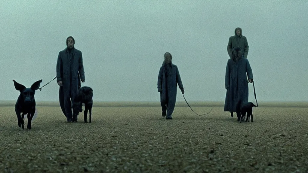 Prompt: the strange creature helps us walk the dog, film still from the movie directed by denis villeneuve and david cronenberg with art direction by salvador dali and zdzisław beksinski