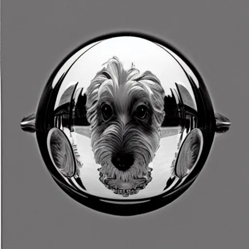 Image similar to self portrait of a havanese dog reflecting into a chrome sphere, pen on paper, by mc escher