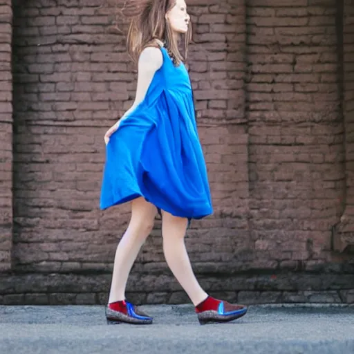 Image similar to a beautiful young woman in a blue elmer dress + sparkling ruby shoes on her feet + sense of wonder