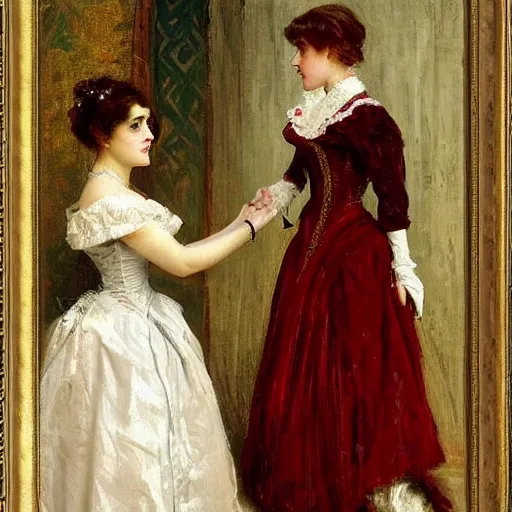 Image similar to young victorian lady shopping for ball gowns, painted by alfred stevens