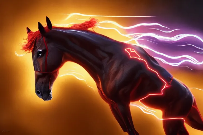 Image similar to a stunning digital painting of a horse as the flash in spandex costume, running in the speedforce by greg rutkowski, volumetric light, digital art, fine detail, photorealistic