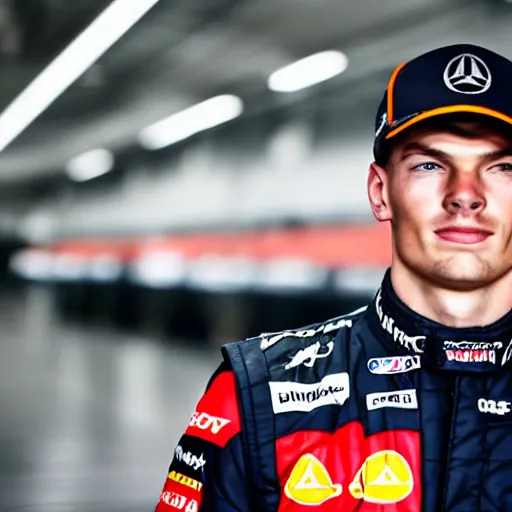 Prompt: close up of max verstappen in the mercedes f 1 factory, dramatic shot, great photography, ambient light, l