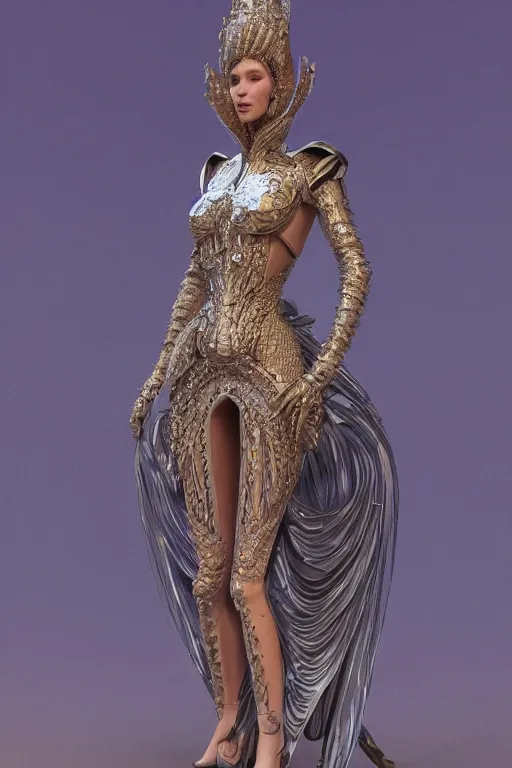 Prompt: a highly detailed 4 k render portrait of a tall beautiful alien goddess bella hadid in iris van herpen dress schiaparelli armor in diamonds and lots of jewelry in style of alphonse mucha trending on artstation made in unreal engine 4