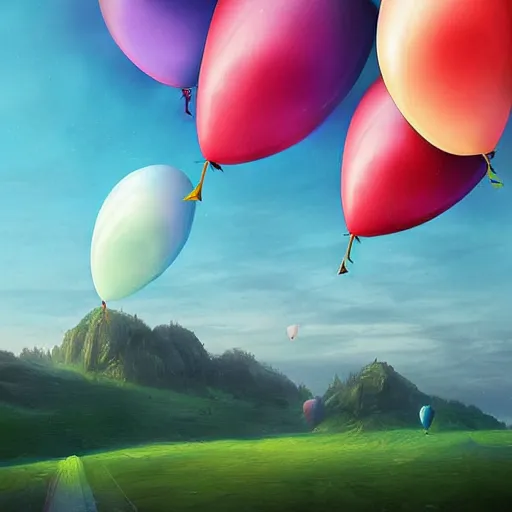 Image similar to digital art of a landscape in bretagne with giant birthday balloons, artstation cgsociety masterpiece