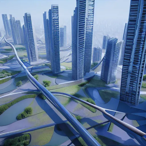 Image similar to futuristic urban dhaka city architecture by zaha hadid and frank gehry, 3 d mapping, photo realism, unreal engine 5, high quality, ray tracing, epic lighting