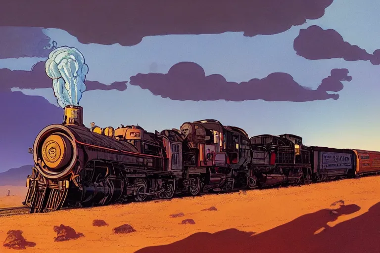 Image similar to old western freight train illustration by joe fenton and syd mead, artstation, 4 k, graphic novel, concept art, matte painting, steam engine spewing billowy white clouds of steam, beautiful idyllic mountain desert sunset background, golden hour