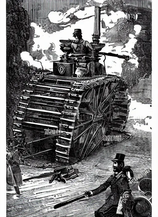 Image similar to 19th century wood-engraving of a steam powered Renault FT tank, whole page illustration from Jules Verne book, art by Édouard Riou Jules Férat and Henri de Montaut, frontal portrait, high quality, beautiful, highly detailed, removed watermarks