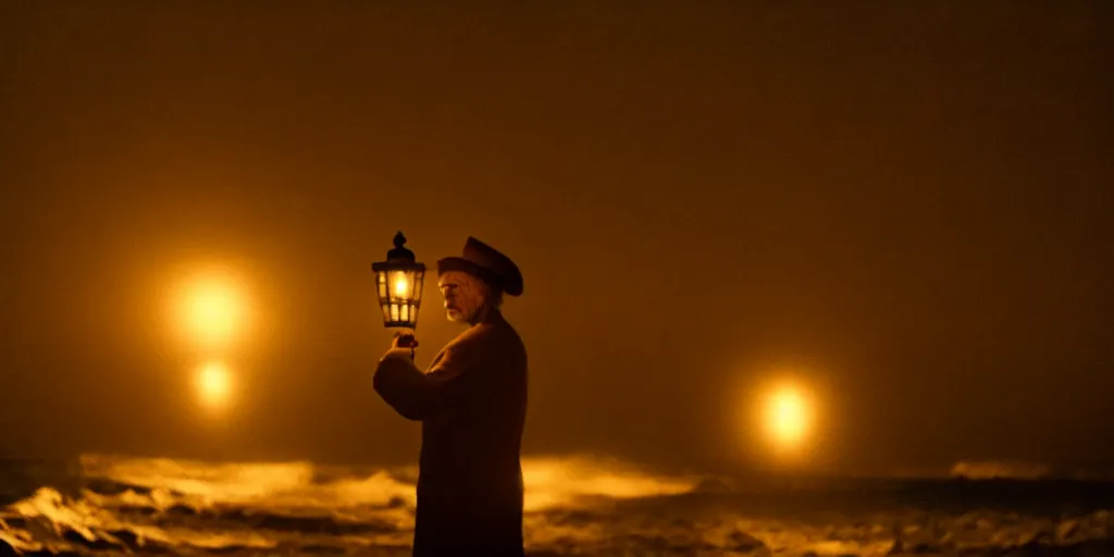 Image similar to film still of closeup old man holding up lantern by his beach hut at night. pirate ship in the ocean by emmanuel lubezki