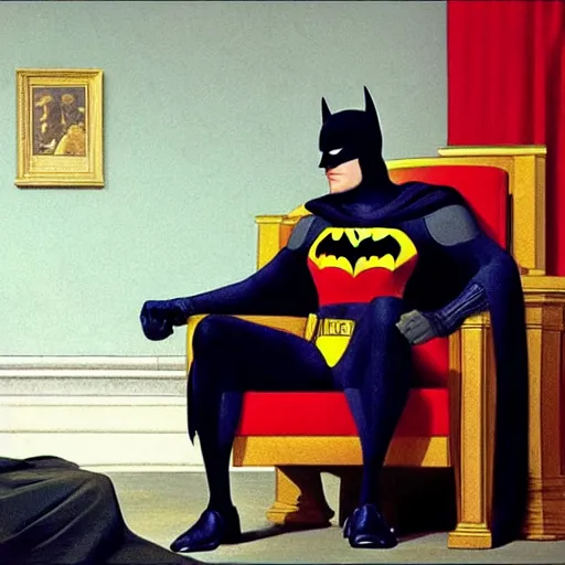 Prompt: a picture of batman sitting in a therapists office, 4 k, ultra detailed, by jacques - louis david