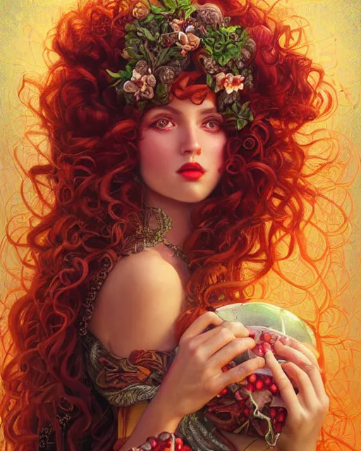 Image similar to portrait of glamor greek persephone | pomegranate | curly hair | orchard background | highly detailed | very intricate | professional model | cinematic lighting | painted by donato giancola and mandy jurgens and charlie bowater | bold colors, artdeco, art deco outrun anime aesthestic, 8 0's nostalgia | featured on artstation