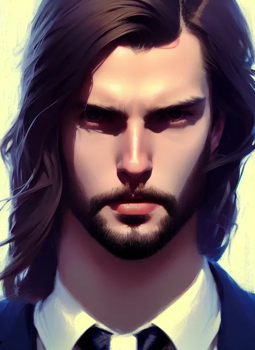 Image similar to a man in his twenties, handsome, long hair, suit ， perfect face, symmetric eyes, sharp focus, specular reflection, occlusion shadow, artstation, by ilya kuvshinov and jeremy lipking, light novel cover art, 3 d epic illustrations, symmetric body