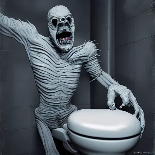 Prompt: 3d creepy monster crawling out of a toilet, horror art, cgsociety, inspired by gerald brom, unreal engine