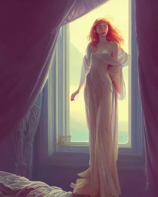 Image similar to eleanor tomlinson, posing, vaporwave, bedroom, highly detailed, digital painting, artstation, concept art, smooth, sharp focus, illustration, art by artgerm and greg rutkowski and alphonse mucha