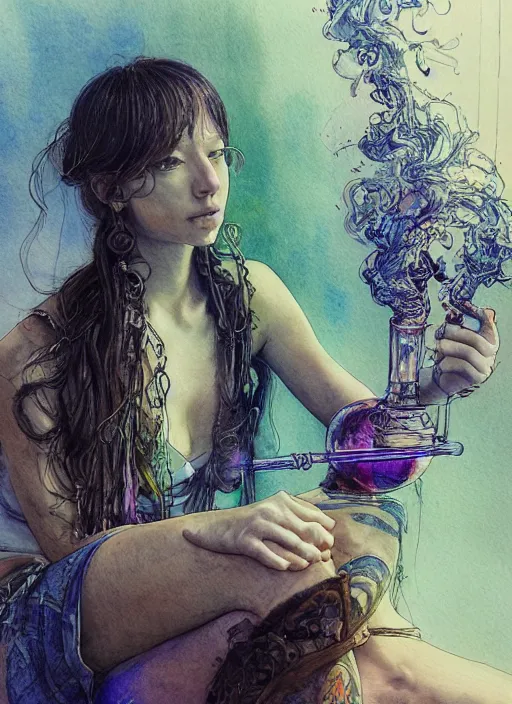 Image similar to portrait, beautiful Stoner hippy girl, sitting down, smoking a magical bong, watercolor, dramatic lighting, cinematic, establishing shot, extremely high detail, foto realistic, cinematic lighting, pen and ink, intricate line drawings, by Yoshitaka Amano, Ruan Jia, Kentaro Miura, Artgerm, post processed, concept art, artstation, matte painting, style by eddie mendoza, raphael lacoste, alex ross