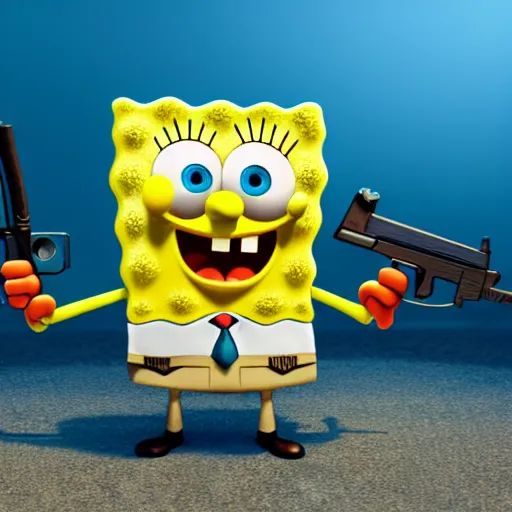 Image similar to SpongeBob with a gun. Octane render, 4k, 8k, unreal 5, very detailed, hyper realism, trending on artstation.