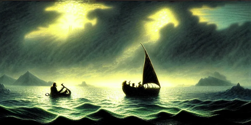 Image similar to lord of the rings scenery landscape, a hobbit out at a staring across the sea from the shore at a white timber sail boat leaving harbour, evening bright stars, highly detailed, vivid colour, soft clouds, cinematic lighting, perfect composition, gustave dore, derek zabrocki, greg rutkowski, belsinski