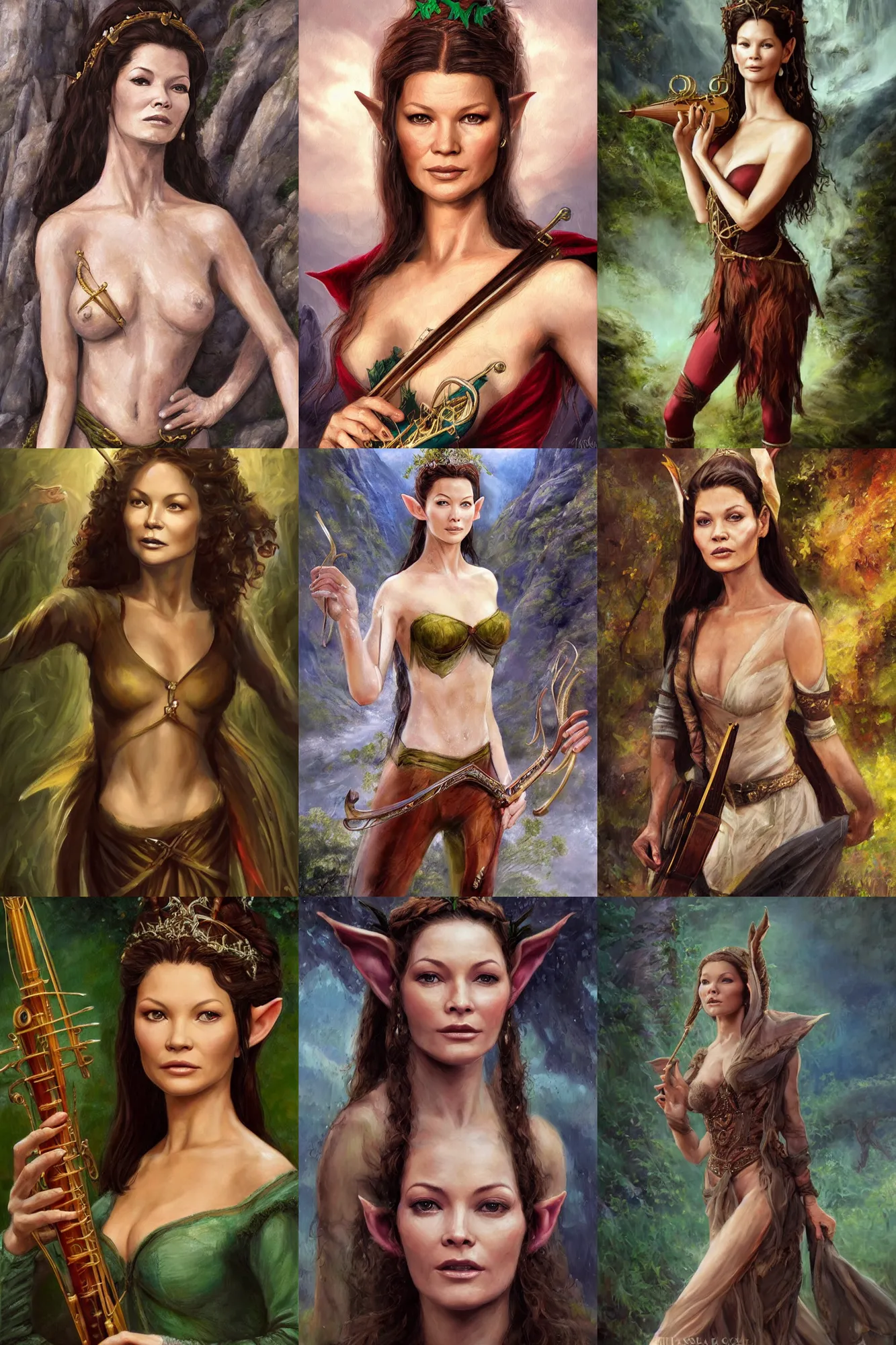 Image similar to a full body high detail fantasy portrait oil painting illustration of young catherine zeta - jones as a beautiful sophisticated singing bard elf by justin sweet with face and body clearly visible, in a scenic background, pupils visible, realistic proportions, d & d, rpg, forgotten realms, artstation trending, high quality, sombre mood, artstation trending, muted colours, entire person visible!