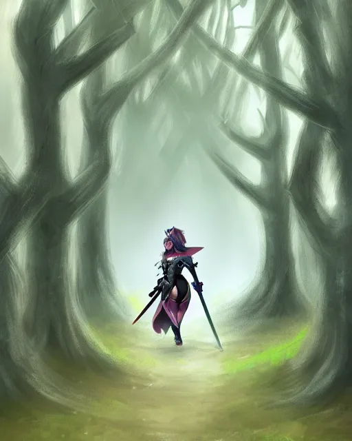 Image similar to concept art of a thicc knight girl, wearing heavy medival knight armor, holding a long sword, walking through a foggy oak forest | | epic - fine - clean, polished, trending on artstation, brush strokes