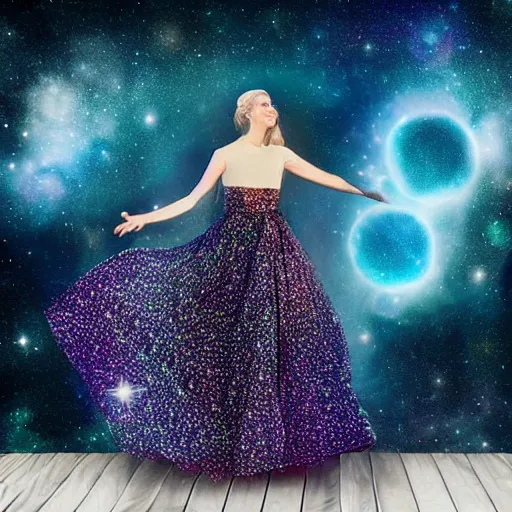 Image similar to beautiful cosmic wedding dress, white background, space print