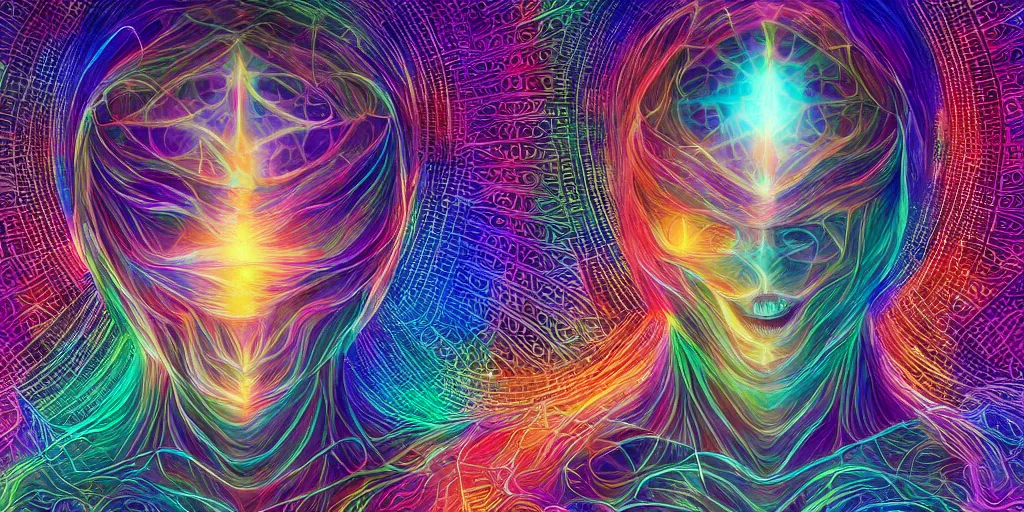 Image similar to transcendence into collaborative intelligence, endless collaboration with ai, connectedness, body, by alex grey, album cover, award winning, beautiful, colorful, volumetric lighting, trending on artstation, cinematic