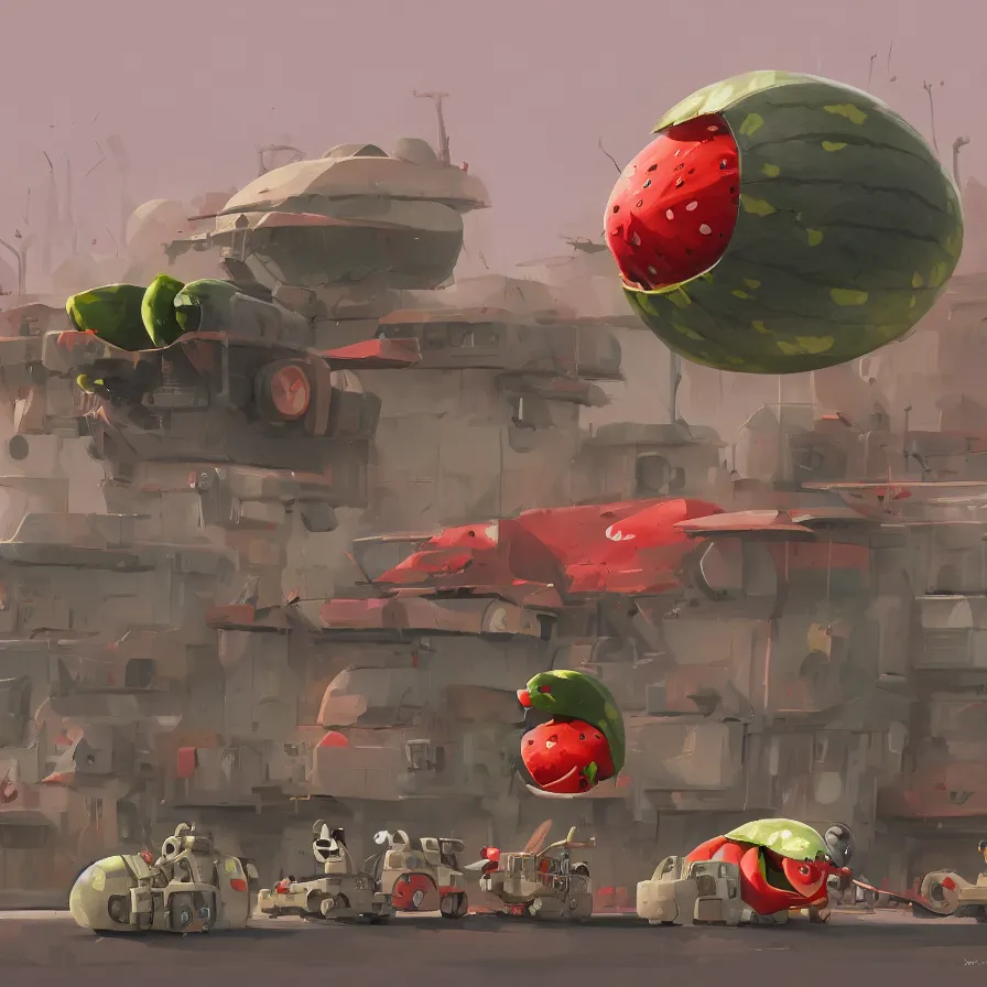 Image similar to Goro Fujita illustrating a watermelon military machine defending a city, art by Goro Fujita, sharp focus, highly detailed, ArtStation