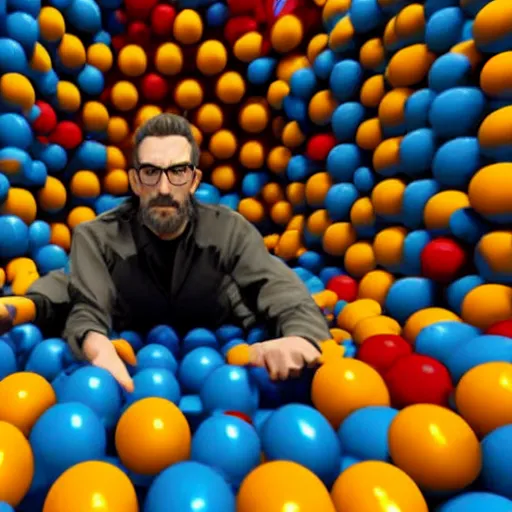 Prompt: gordon freeman from half life 2 playing in a ball pit