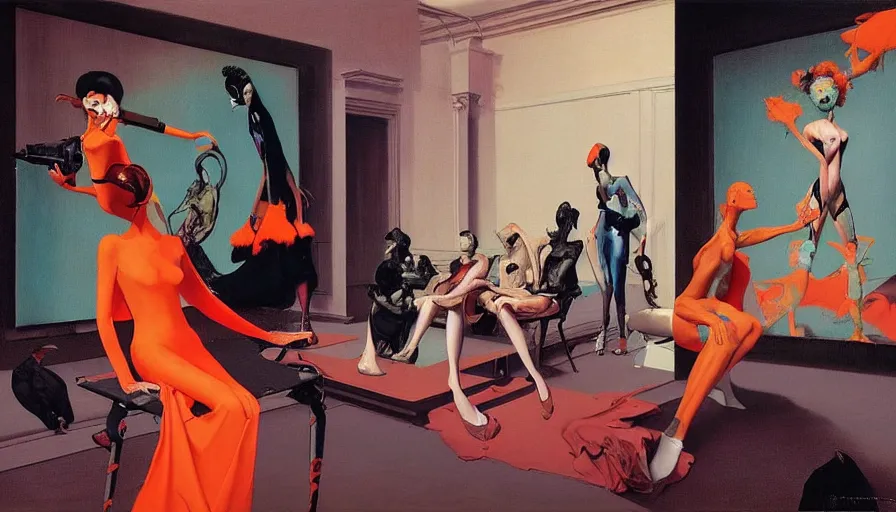 Prompt: balenciaga runway show by francis bacon, surreal, norman rockwell and james jean, greg hildebrandt, and mark brooks, triadic color scheme, by greg rutkowski, syd mead and edward hopper and norman rockwell and beksinski, lingerie, dark surrealism, orange and turquoise